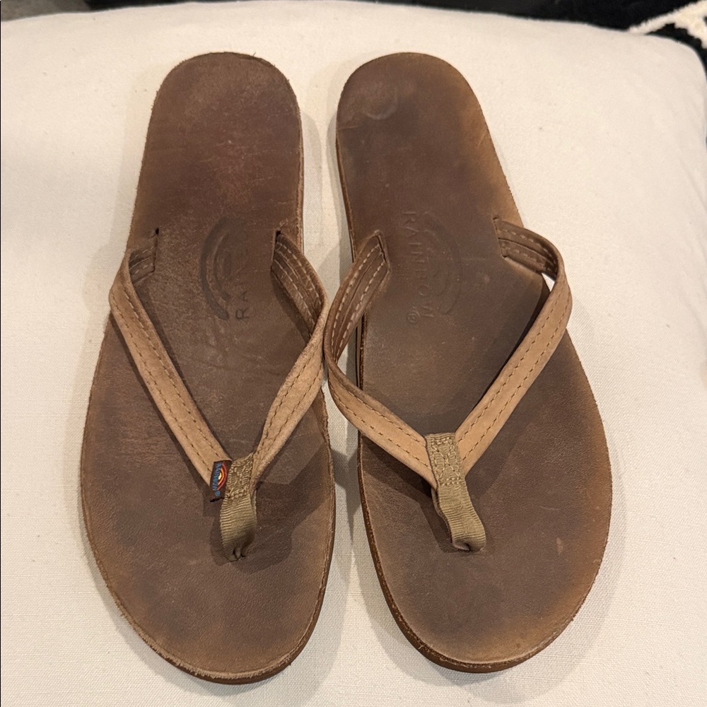 Rainbow Brown Leather Flip Flop Sandals